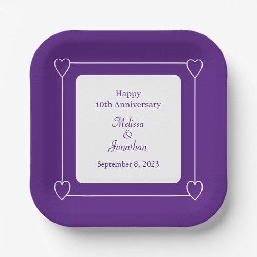 Elegant 10th Anniversary Romantic Hearts Purple Paper Plates