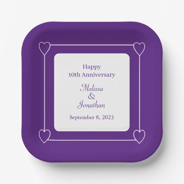 Elegant 10th Anniversary Romantic Hearts Purple Paper Plates (Front)