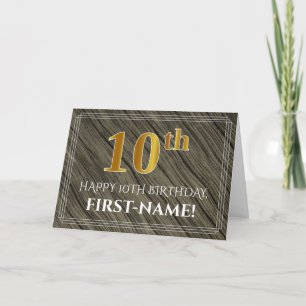 Elegant 10th Birthday: Faux Wood, Faux Gold Look Card
