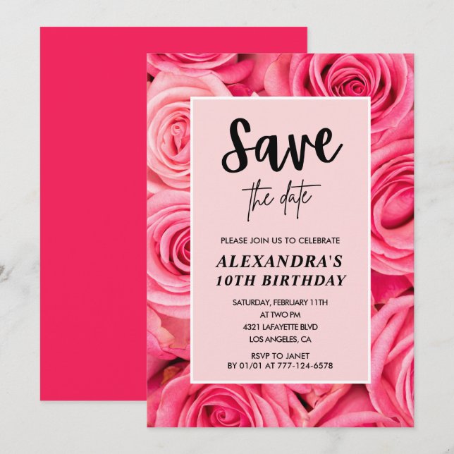 Elegant 10th birthday  Floral Rose Save the date  Invitation (Front/Back)