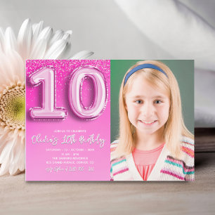Elegant 10th Birthday girl with photo Numer Ballon Invitation