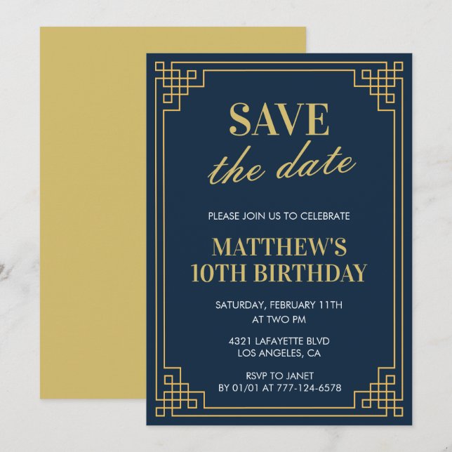 Elegant 10th birthday invitation Men Save the date (Front/Back)