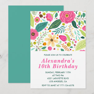 Elegant 10th birthday invitations Floral Colorful