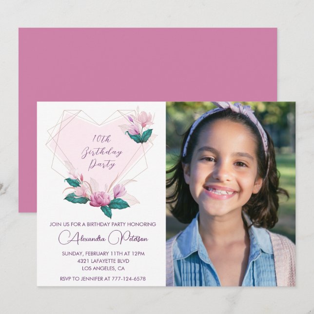 Elegant 10th birthday invitations Floral Photo (Front/Back)