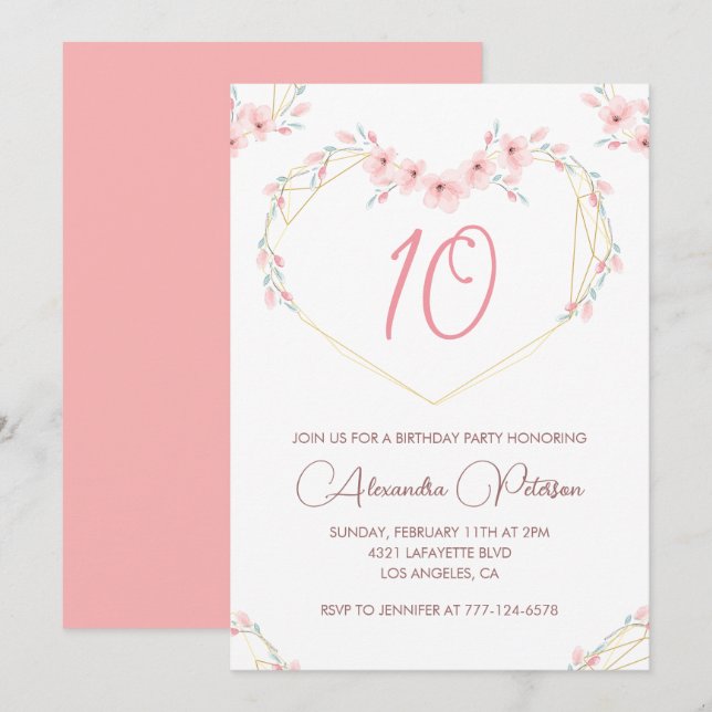 Elegant 10th birthday invitations Pink Floral  (Front/Back)
