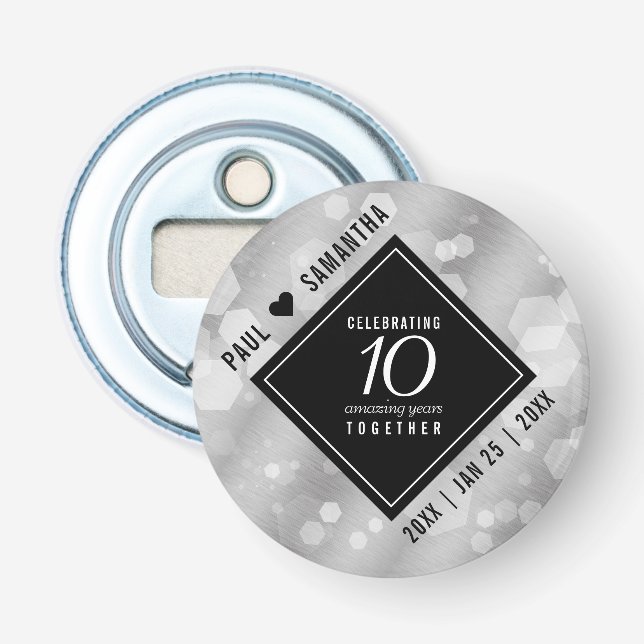 Elegant 10th Tin Wedding Anniversary Celebration Bottle Opener (Front)
