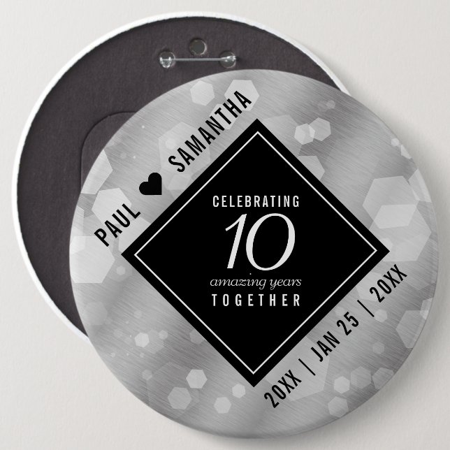 Elegant 10th Tin Wedding Anniversary Celebration Button (Front & Back)
