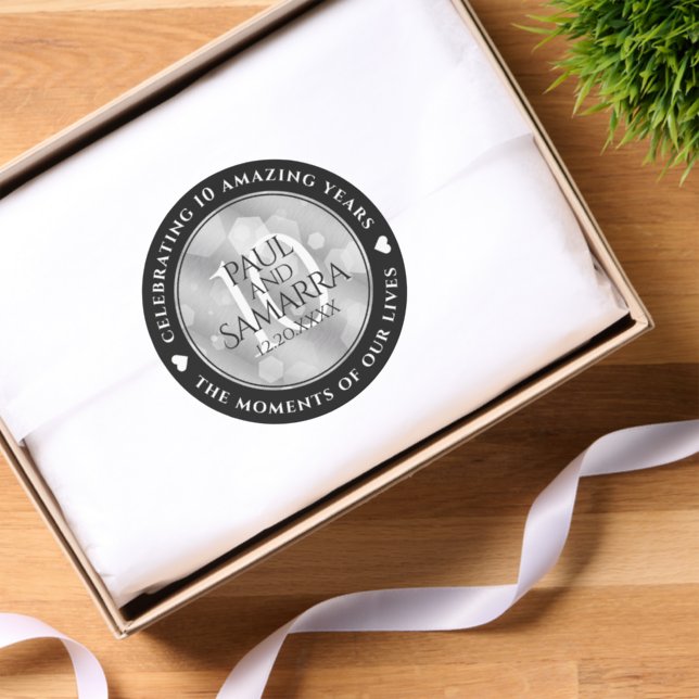 Elegant 10th Tin Wedding Anniversary Celebration Classic Round Sticker (Tissue Paper)