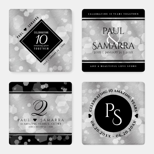 Elegant 10th Tin Wedding Anniversary Celebration Coaster Set (Set)
