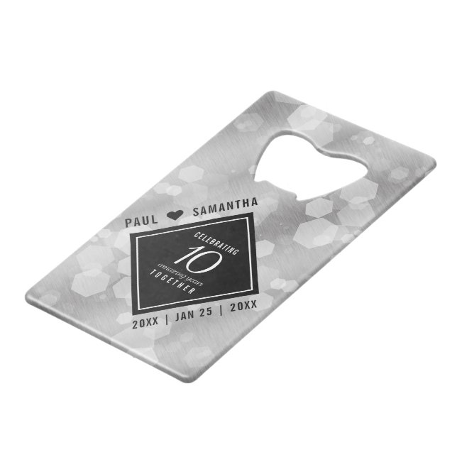 Elegant 10th Tin Wedding Anniversary Celebration Credit Card Bottle Opener (Front Angled)