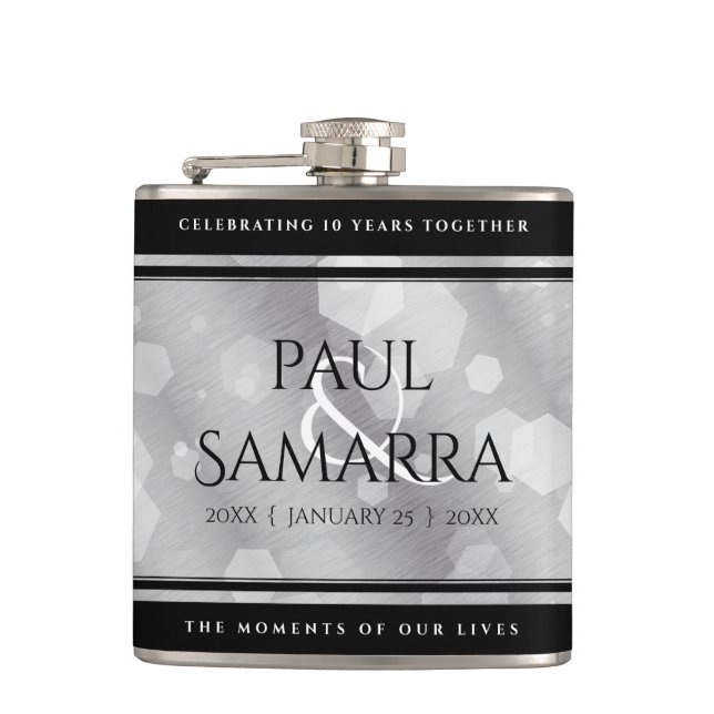 Elegant 10th Tin Wedding Anniversary Celebration Flask (Front)