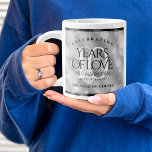 Elegant 10th Tin Wedding Anniversary Celebration Giant Coffee Mug<br><div class="desc">Celebrate the 10th tin wedding anniversary with a couple of these stylish giant coffee mugs! Elegant lettering with hexagonal confetti on a tin foil background add a memorable touch for this special occasion and milestone. Personalize with the couple's names, dates of marriage and/or congratulatory messages. Reverse shows identical design. Design...</div>