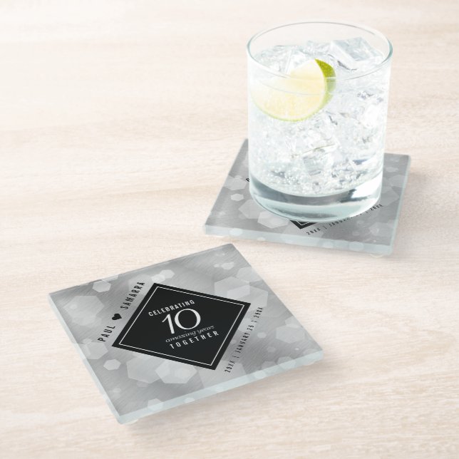 Elegant 10th Tin Wedding Anniversary Celebration Glass Coaster (Angled)