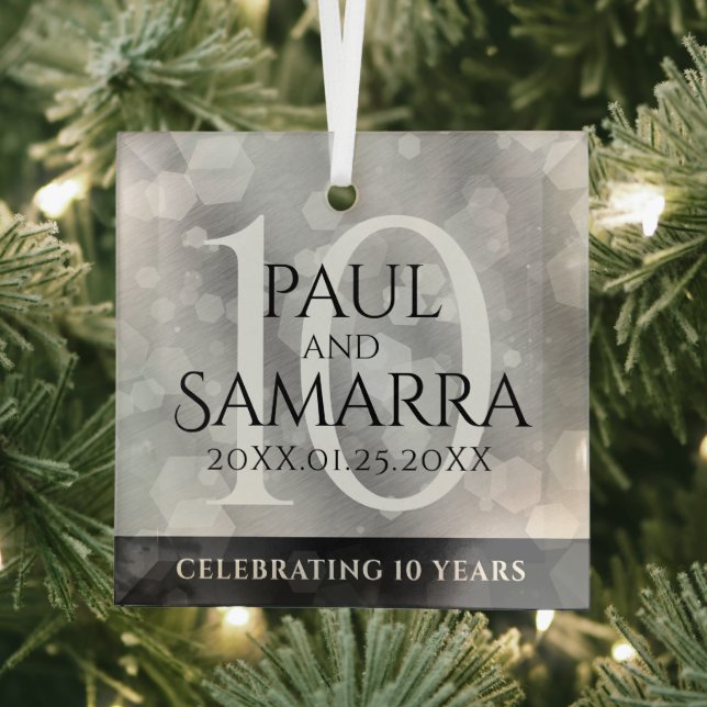 Elegant 10th Tin Wedding Anniversary Celebration Glass Ornament (Insitu)