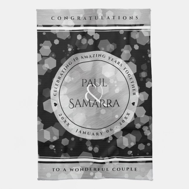 Elegant 10th Tin Wedding Anniversary Celebration Kitchen Towel (Vertical)