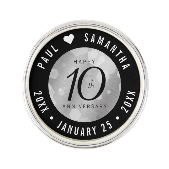 Elegant 10th Tin Wedding Anniversary Celebration Lapel Pin (Front)