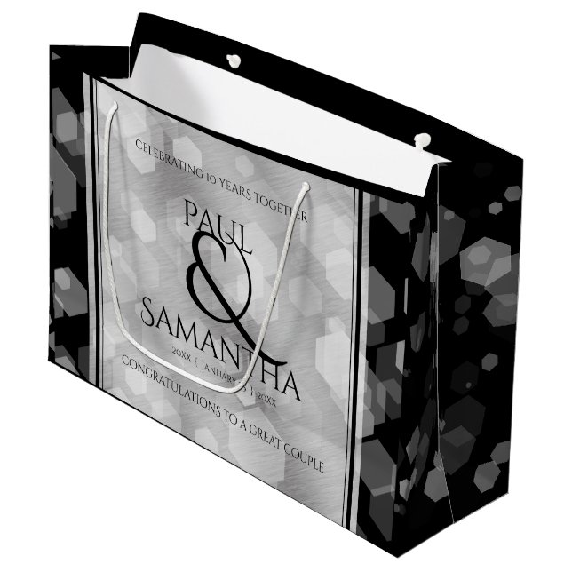 Elegant 10th Tin Wedding Anniversary Celebration Large Gift Bag (Front Angled)