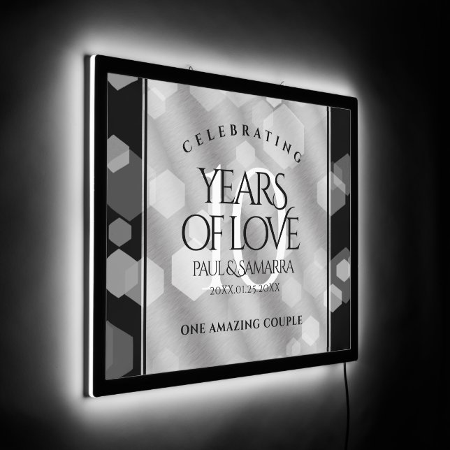 Elegant 10th Tin Wedding Anniversary Celebration LED Sign (Angle)