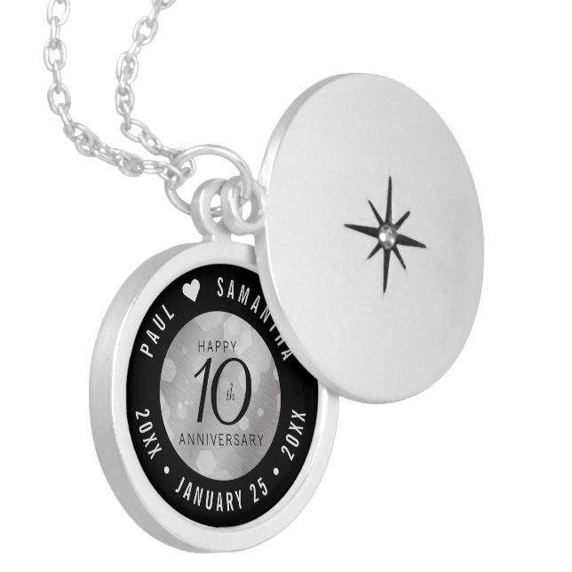 Elegant 10th Tin Wedding Anniversary Celebration Locket Necklace (Front Left)