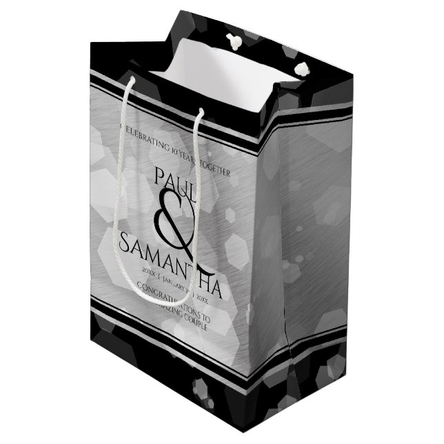 Elegant 10th Tin Wedding Anniversary Celebration Medium Gift Bag (Front Angled)