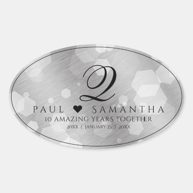 Elegant 10th Tin Wedding Anniversary Celebration Oval Sticker (Front)