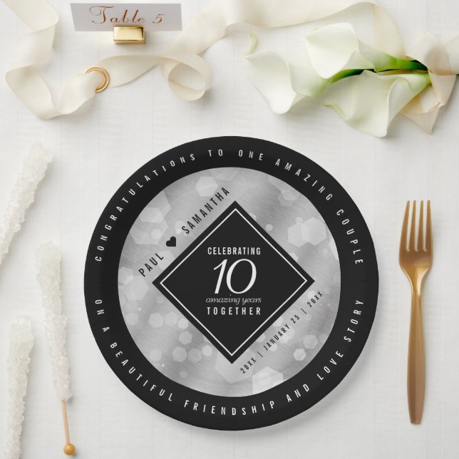 Elegant 10th Tin Wedding Anniversary Celebration Paper Plates (Wedding)