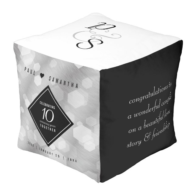 Elegant 10th Tin Wedding Anniversary Celebration Pouf (Angled Front)