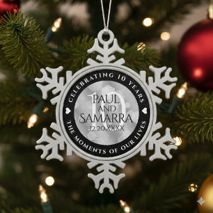 Elegant 10th Tin Wedding Anniversary Celebration Snowflake Pewter Christmas Ornament