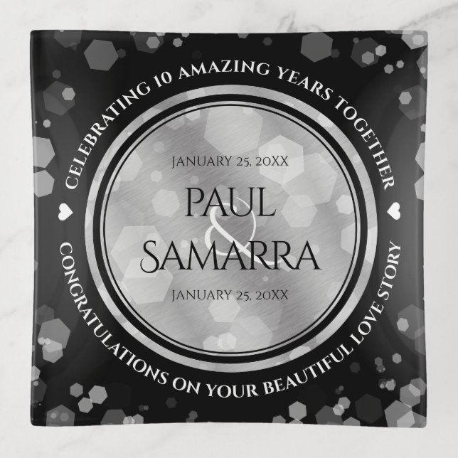 Elegant 10th Tin Wedding Anniversary Celebration Trinket Tray (Front)
