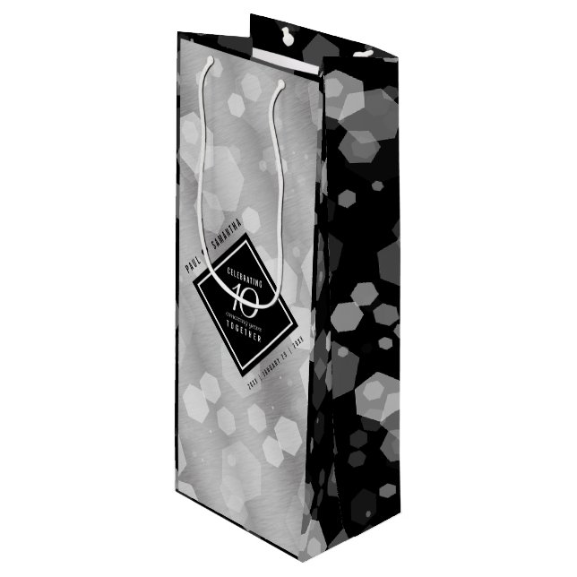 Elegant 10th Tin Wedding Anniversary Celebration Wine Gift Bag (Front Angled)