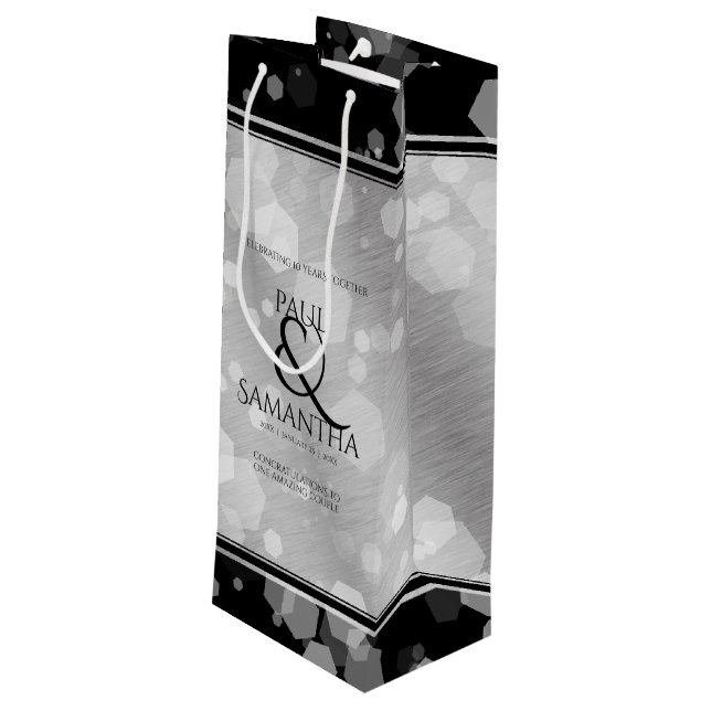 Elegant 10th Tin Wedding Anniversary Celebration Wine Gift Bag (Back Angled)
