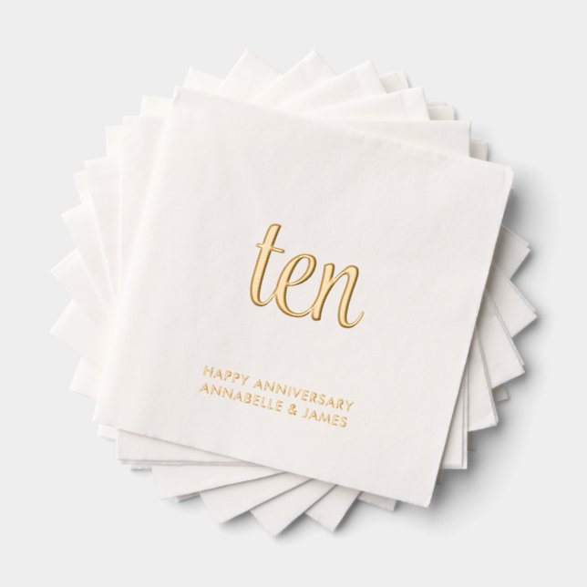 Elegant 10th Wedding Anniversary Gold Foil Napkins (Insitu (Stacked))