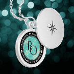 Elegant 11th 44th Turquoise Wedding Anniversary Locket Necklace<br><div class="desc">Celebrate the 11th or 44th wedding anniversary with this commemorative locket! Elegant black and white lettering on a yellow marble and greenish blue background add a memorable touch for this special occasion and (extraordinary) milestone. Customize with couple's initials, a special message, and dates for their turquoise anniversary. Design © W.H....</div>