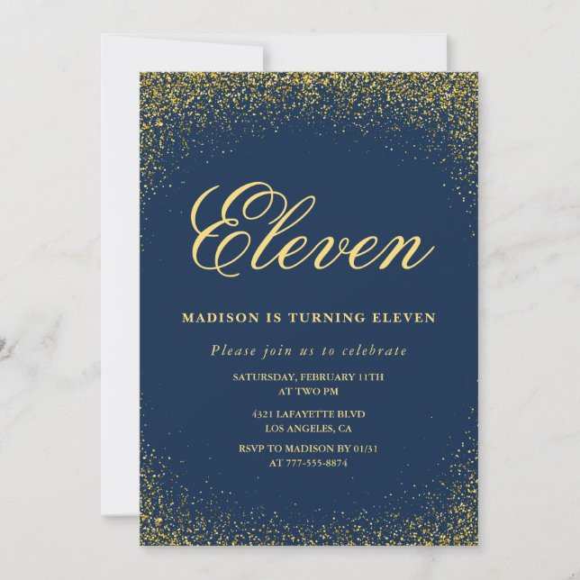 Elegant 11th birthday invitation Gold Navy Glam (Front)