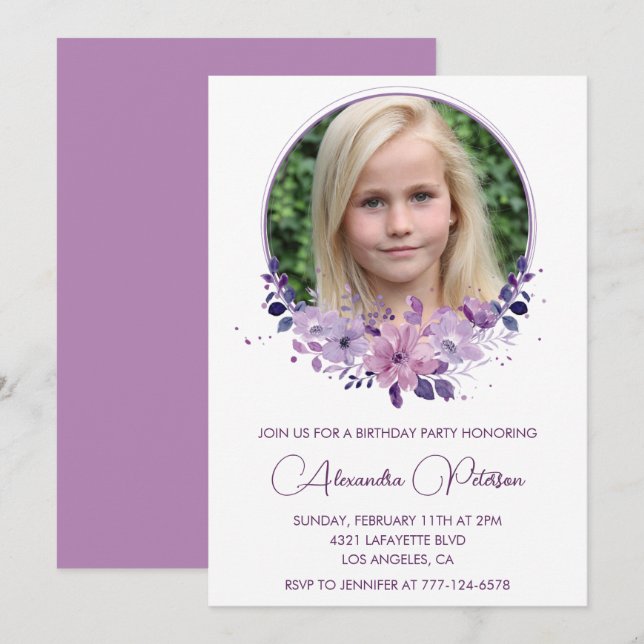 Elegant 11th birthday invitation Photo Floral Boho (Front/Back)