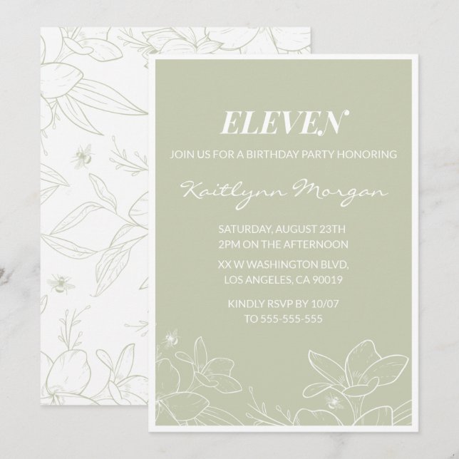 Elegant 11th birthday invitations Modern Floral  (Front/Back)