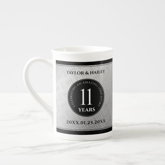 Elegant 11th Steel Wedding Anniversary Celebration Bone China Mug (Left)