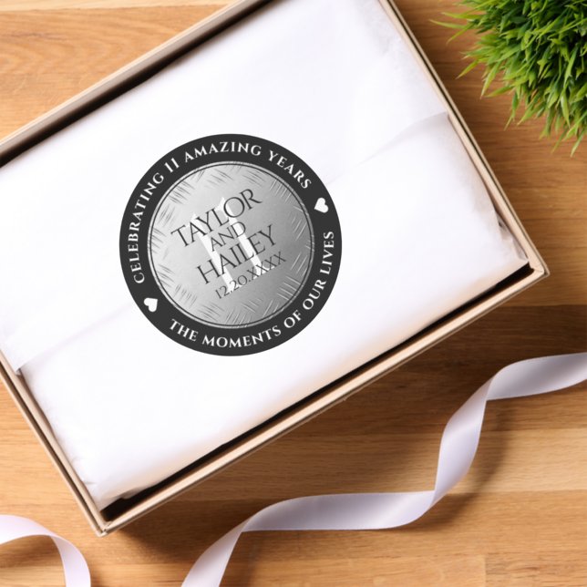 Elegant 11th Steel Wedding Anniversary Celebration Classic Round Sticker (Tissue Paper)