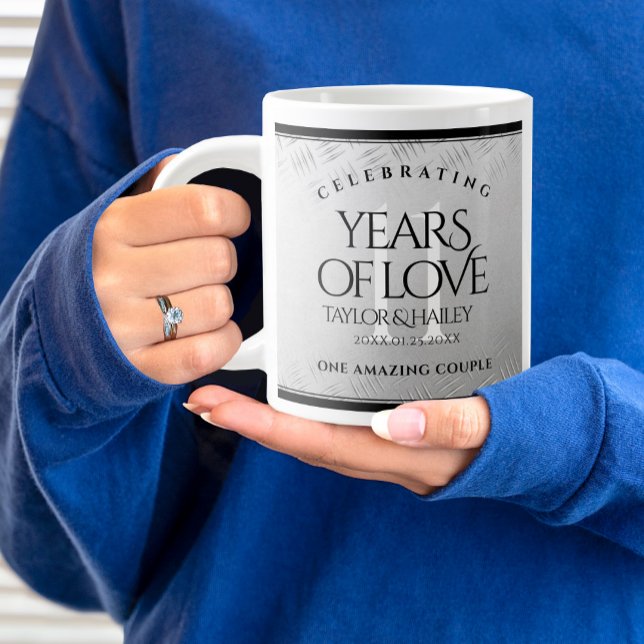 Elegant 11th Steel Wedding Anniversary Celebration Giant Coffee Mug (11th Wedding Anniversary Jumbo Coffee Mug Cover Photo.)