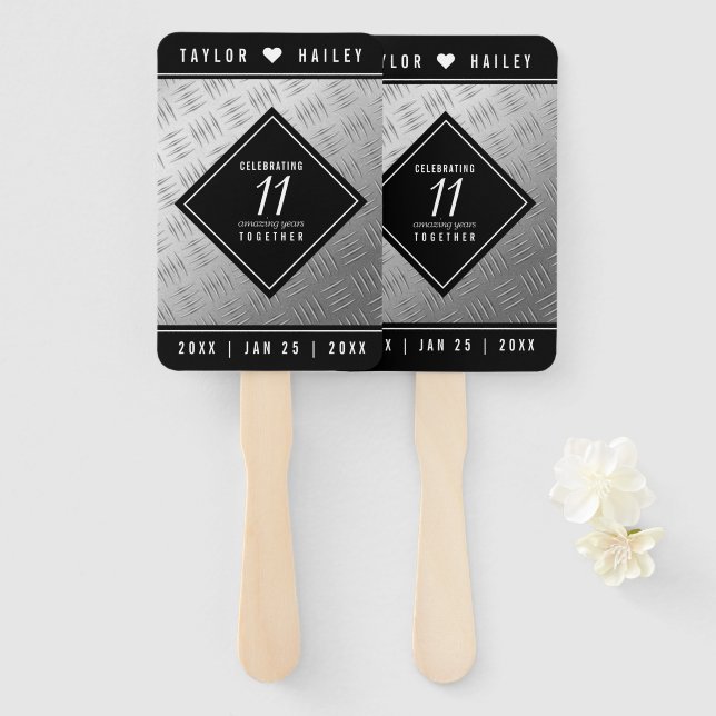 Elegant 11th Steel Wedding Anniversary Celebration Hand Fan (Front and Back)