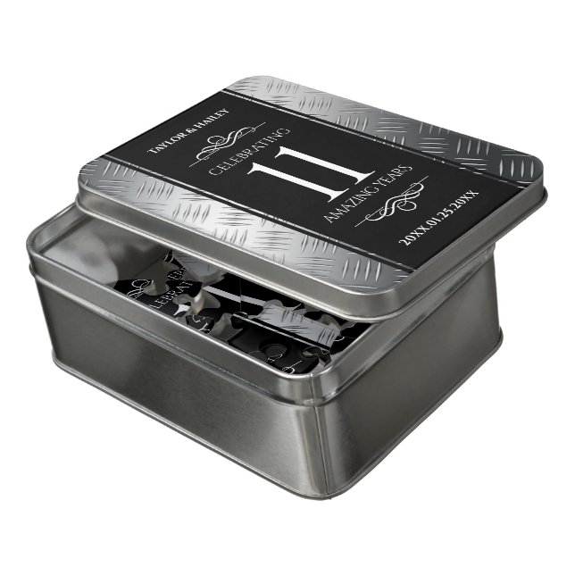 Elegant 11th Steel Wedding Anniversary Celebration Jigsaw Puzzle (Lid Open)