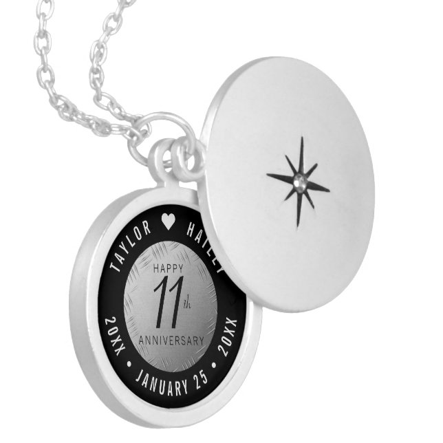 Elegant 11th Steel Wedding Anniversary Celebration Locket Necklace (Front Left)