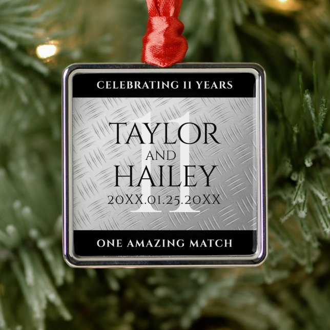 Elegant 11th Steel Wedding Anniversary Celebration Metal Ornament (Tree)