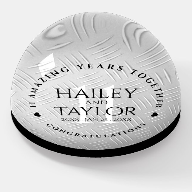 Elegant 11th Steel Wedding Anniversary Celebration Paperweight (Angled)