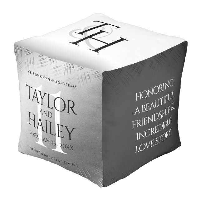 Elegant 11th Steel Wedding Anniversary Celebration Pouf (Angled Front)