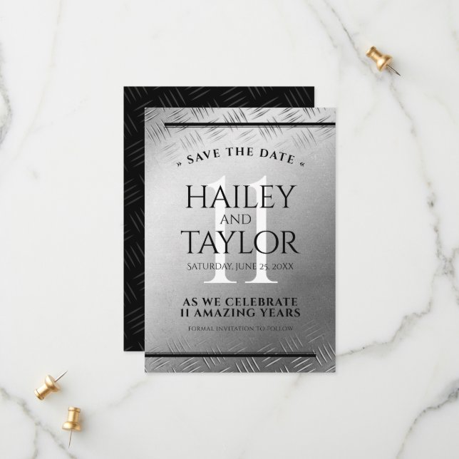 Elegant 11th Steel Wedding Anniversary Celebration Save The Date (Front/Back In Situ)