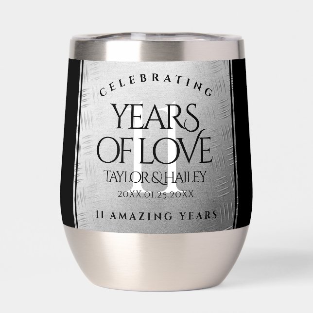 Elegant 11th Steel Wedding Anniversary Celebration Thermal Wine Tumbler (Back)