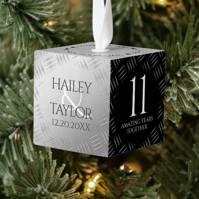 Elegant 11th Steel Wedding Anniversary Cube Ornament (Tree)