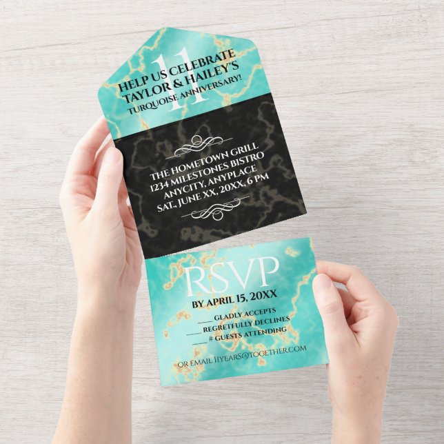 Elegant 11th Turquoise Wedding Anniversary All In One Invitation (Tearaway)