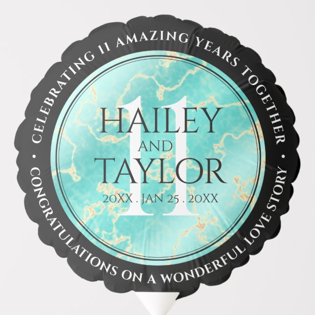 Elegant 11th Turquoise Wedding Anniversary Balloon (Front)